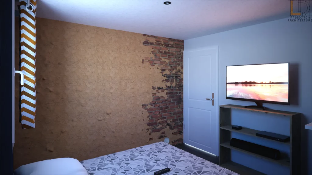 Visualisation 3D de la chambre vers le mur existant en enduit