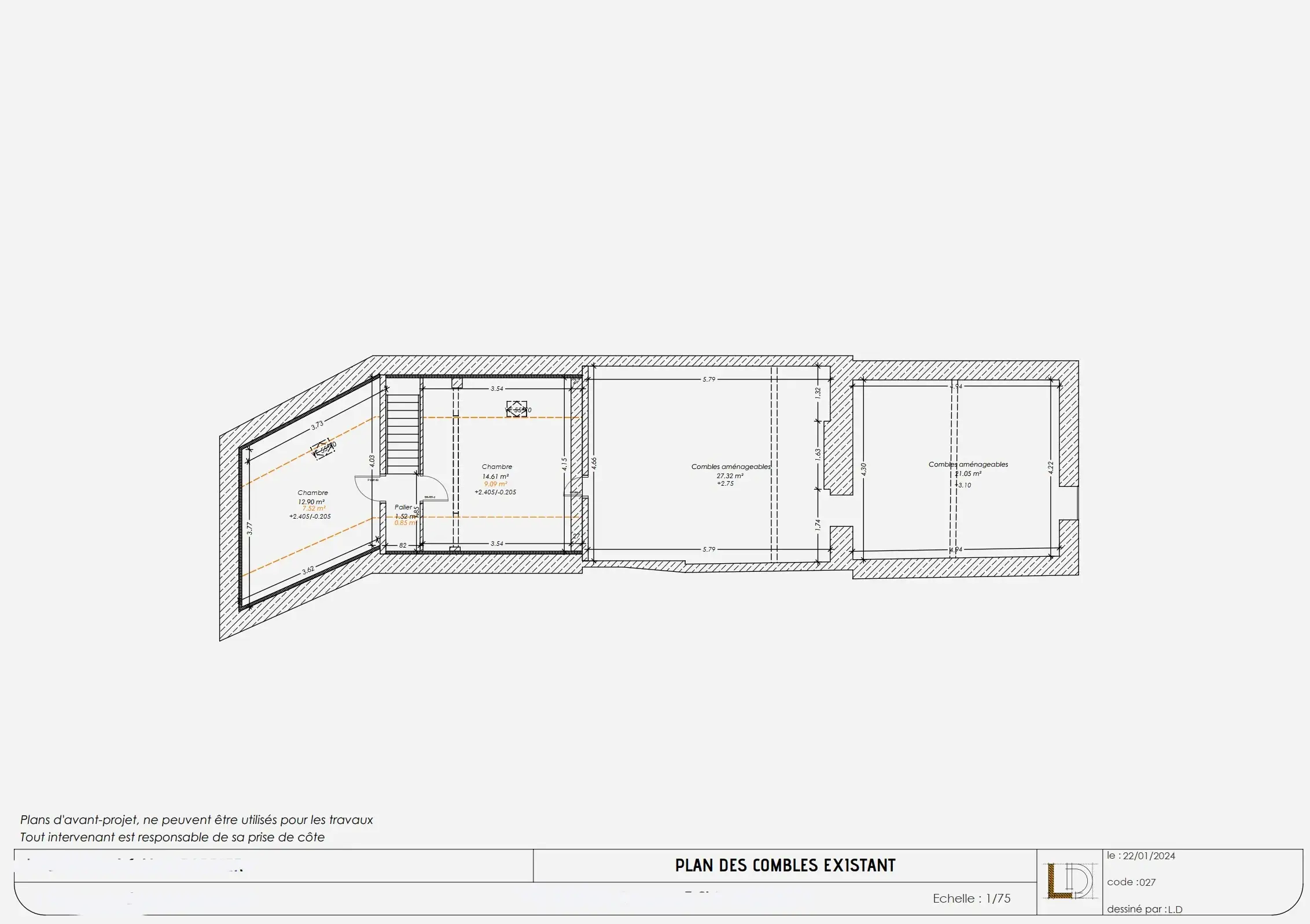 Plan de la maison actuelle avec côtes et surface des combles