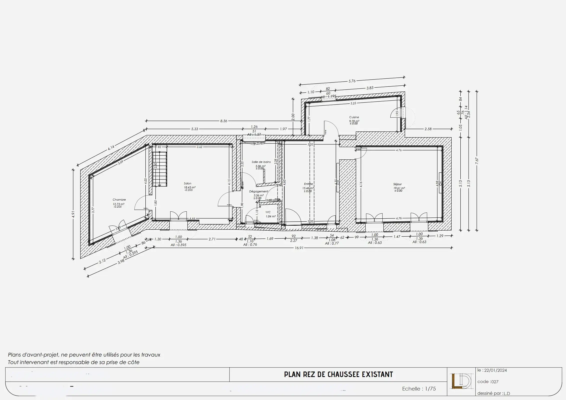 Plan de la maison actuelle avec côtes et surface de chaque pièce du rez-de-chaussée